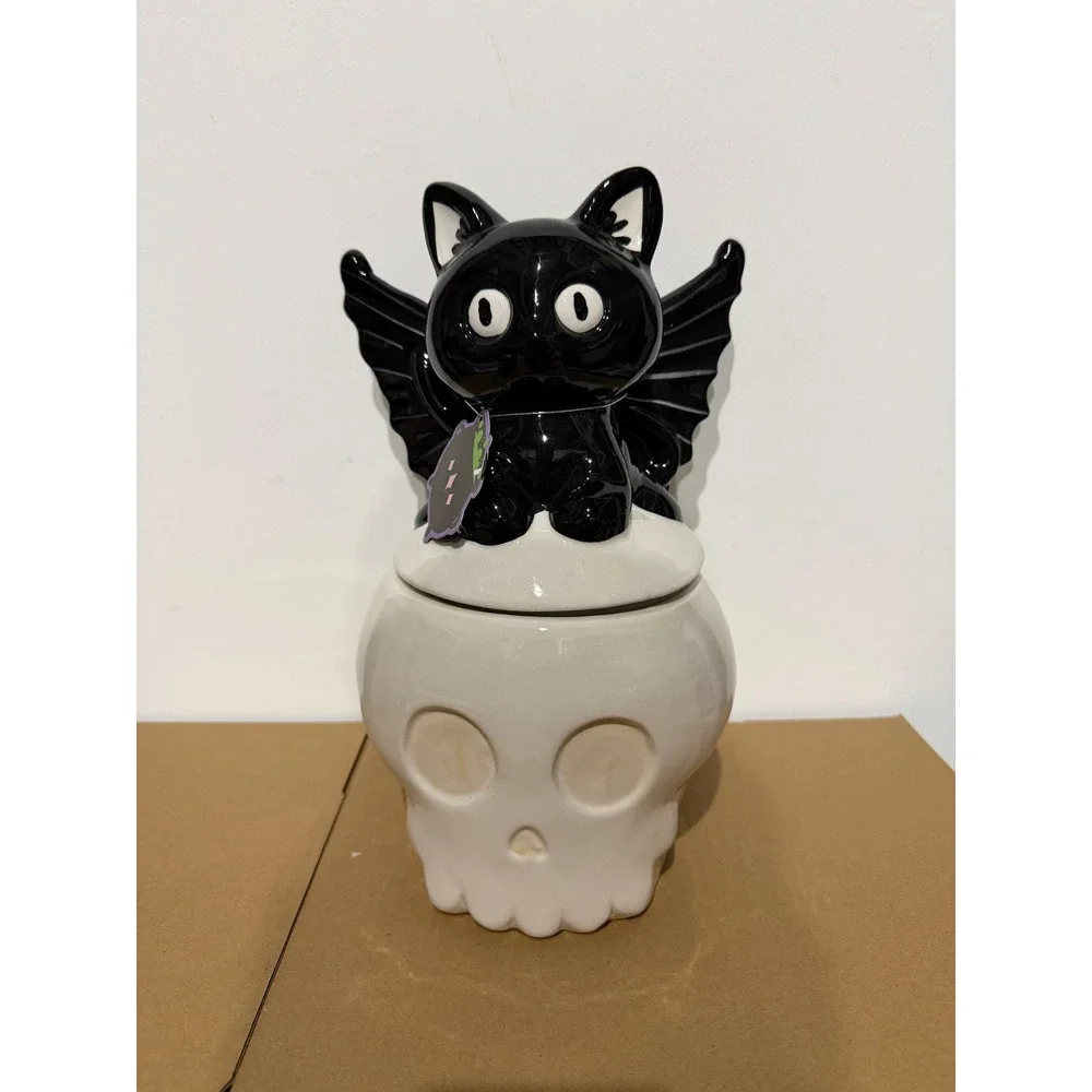 10 Strawberry Street Halloween Black Cat Batwings On Skull Cookie Jar Container